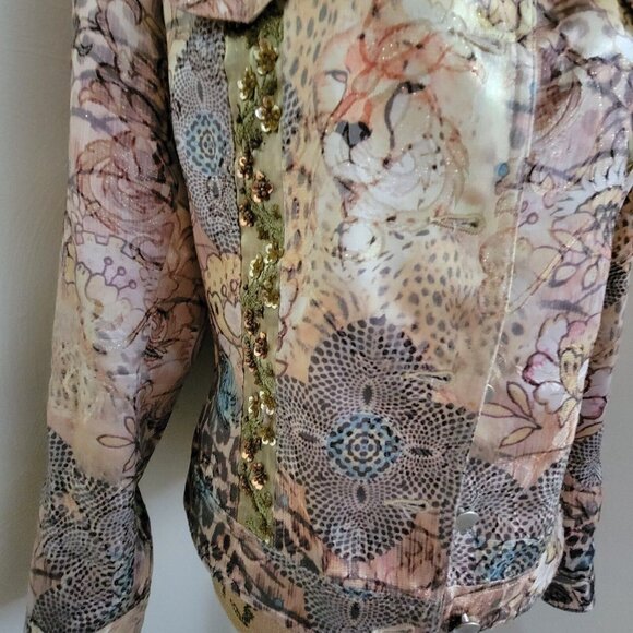 Boho Chic Size 8 Jacket Tan Brown Silk Sequin Jacket Lined Cheetah - Picture 4 of 12